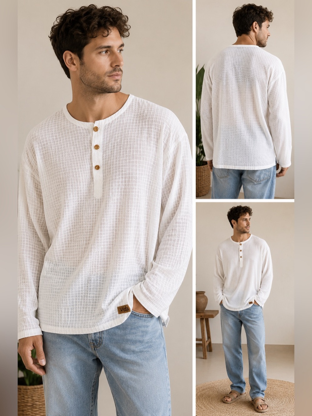 Veda NWT Men’s Textured White Resort Shirt Real Wood Buttons Long Sleeve L/S